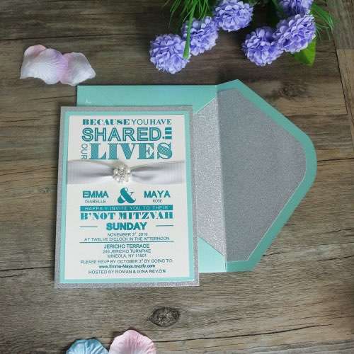 Customized Invitation Card with Ribbon Beautiful Green Wedding Card Glitter Paper 